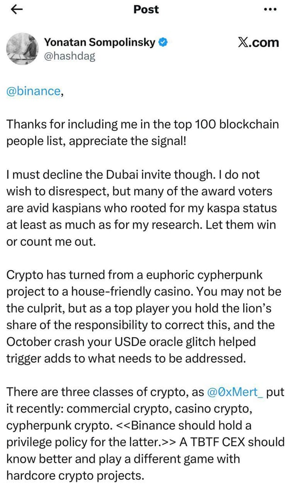 Yonatan Refuses Binance Award - And Exposes Their Listing Demands